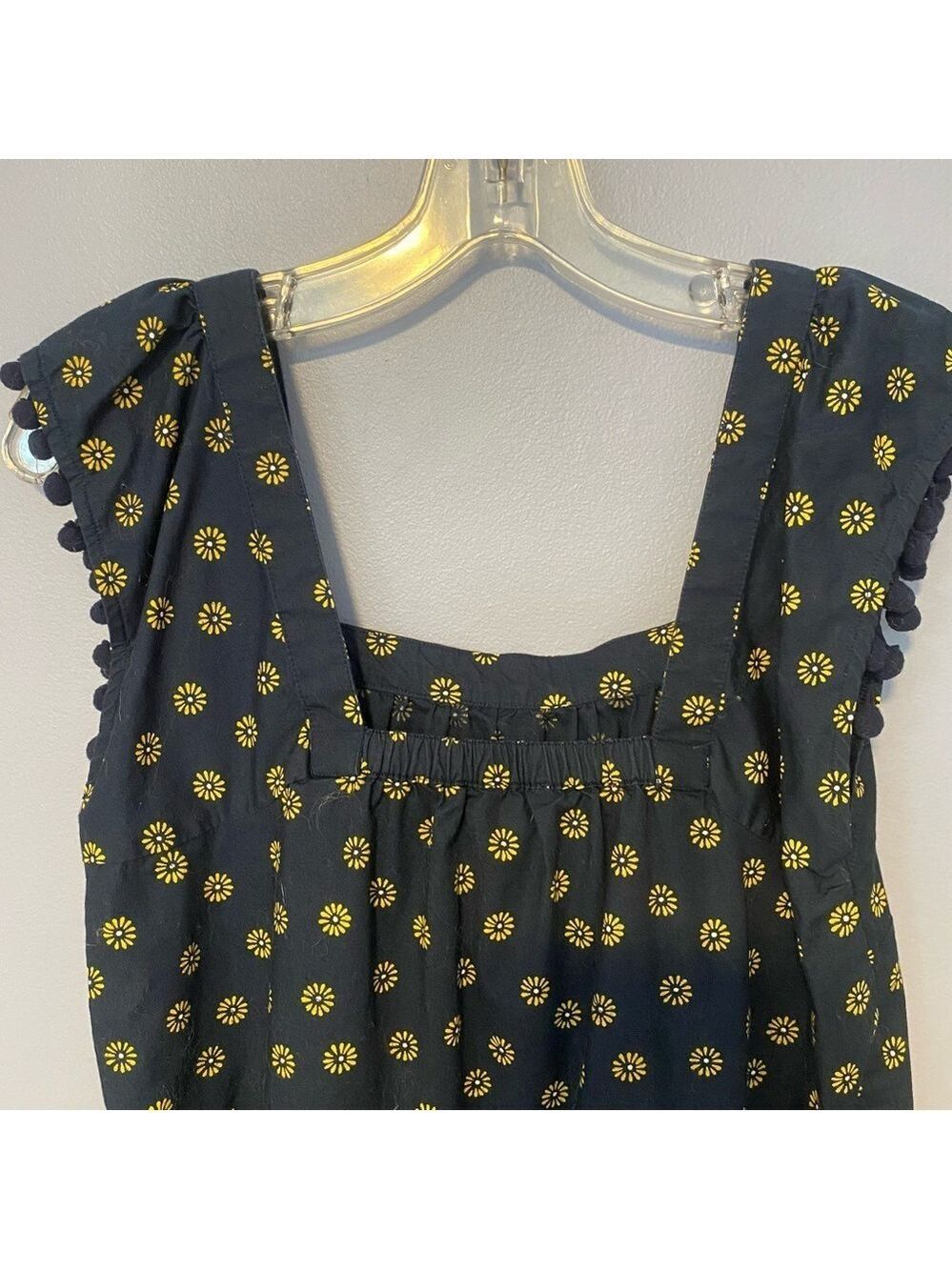 J. Crew Navy Yellow Sunflower Pom Pom Sleeve Top Sz 0 - Picture 5 of 11